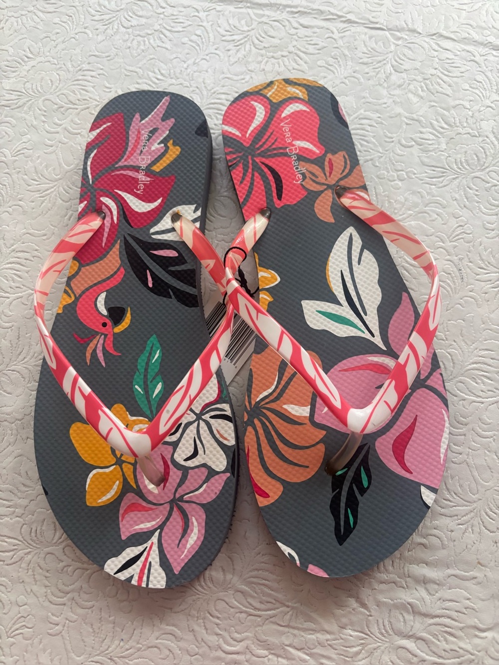 NWT Vera Bradley Coastal Paradise Floral Pink Tropical Flip Flops, Size Large